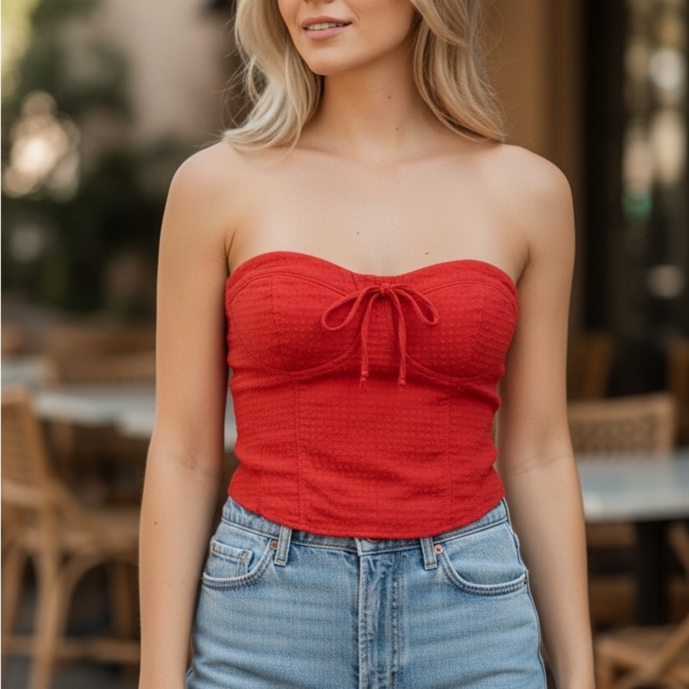 Red Strapless Crop Top | Textured Bandeau | Tie Front